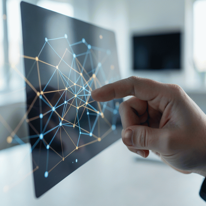 Tangan yang berinteraksi dengan antarmuka digital abstrak yang menampilkan pola dan koneksi data, melambangkan asesmen kognitif.