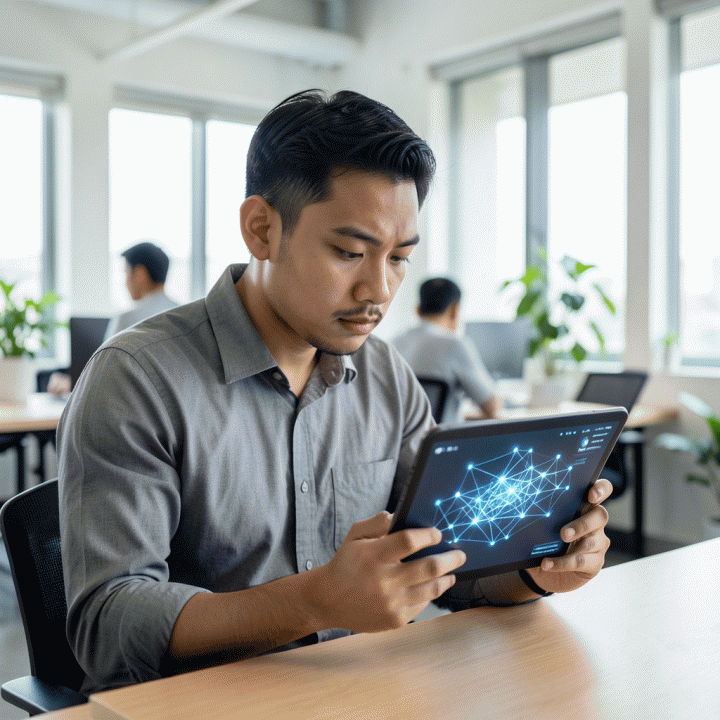 Seorang profesional muda yang sedang fokus menggunakan tablet digital di co-working space, yang menampilkan visualisasi abstrak dari asesmen kognitif dan peningkatan diri.