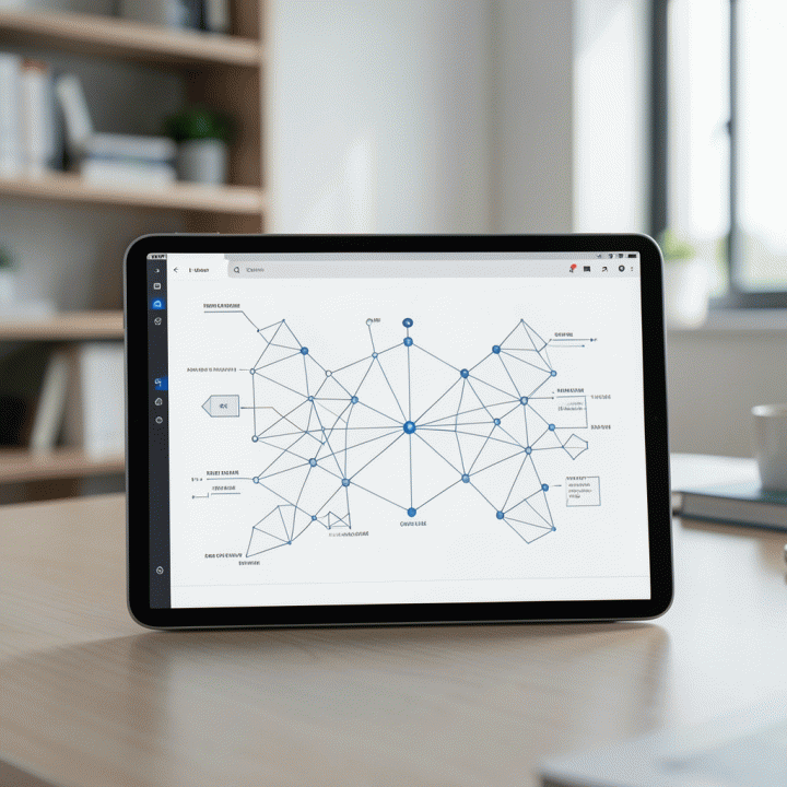 Visualisasi abstrak asesmen kognitif pada layar tablet yang menunjukkan pola dan koneksi berpikir.