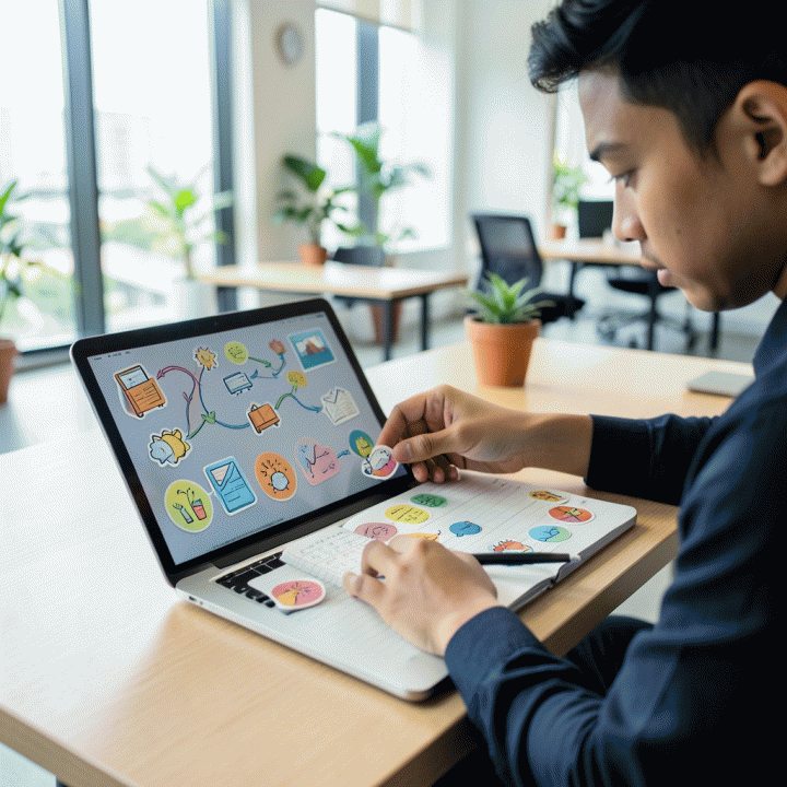 Seorang profesional muda Indonesia di meja kerja modern yang penuh cahaya, sedang menata stiker digital dan elemen planner visual di buku catatan, melambangkan peningkatan produktivitas melalui desain visual.