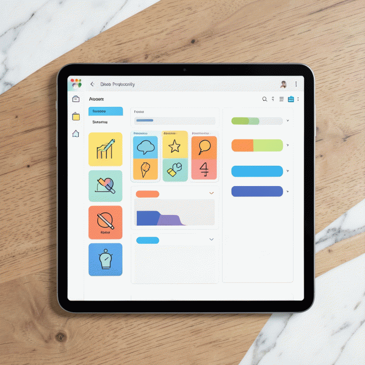 Tampilan datar dari dashboard perencanaan digital yang terorganisir dengan stiker dan ikon visual yang menarik, menandakan alur kerja yang efisien.