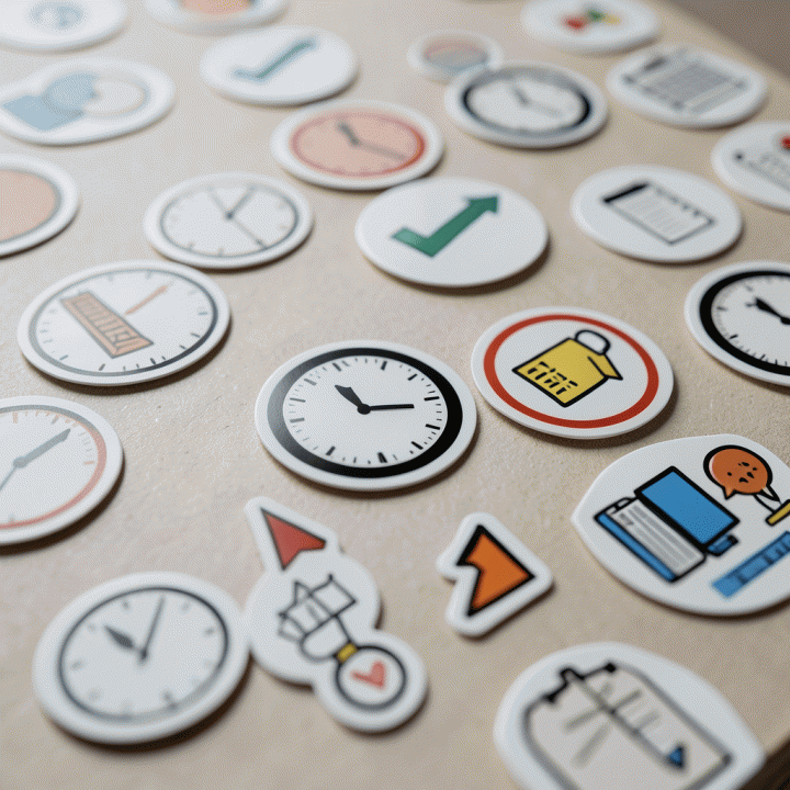 Close-up berbagai stiker planner digital yang berwarna-warni dan terstruktur, menunjukkan tema produktivitas dan organisasi.