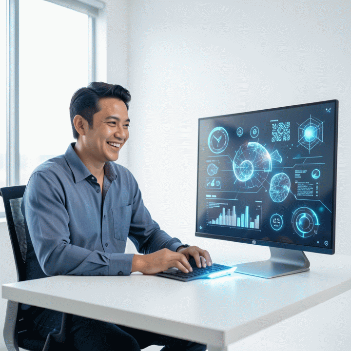 Seorang content creator modern Indonesia yang percaya diri menggunakan alat AI di meja kerja minimalis, menghasilkan aset visual digital yang konsisten dan berkualitas tinggi.