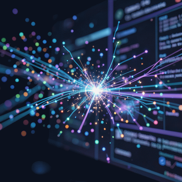 Visualisasi abstrak bagaimana AI mengumpulkan ide-ide acak dan mengolahnya menjadi aset konten yang terstruktur dan siap pakai.