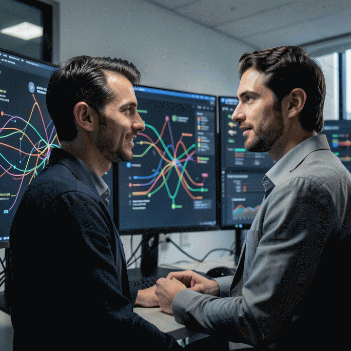 Seorang pemasar digital yang merasa percaya diri di depan layar multi-monitor yang menampilkan alur kerja kreatif digital yang kompleks dan terstruktur.