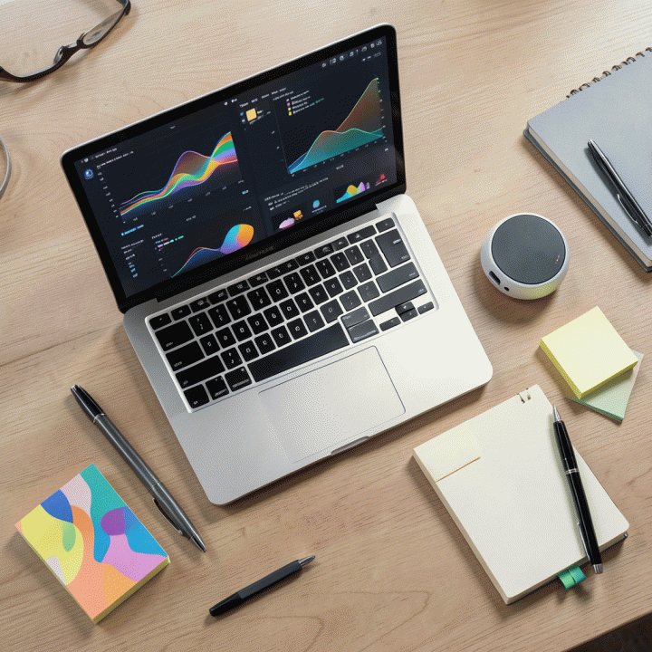 Meja kerja yang terorganisir dan modern dengan alat bantu AI dan materi kreatif abstrak, melambangkan efisiensi dan peningkatan output konten.
