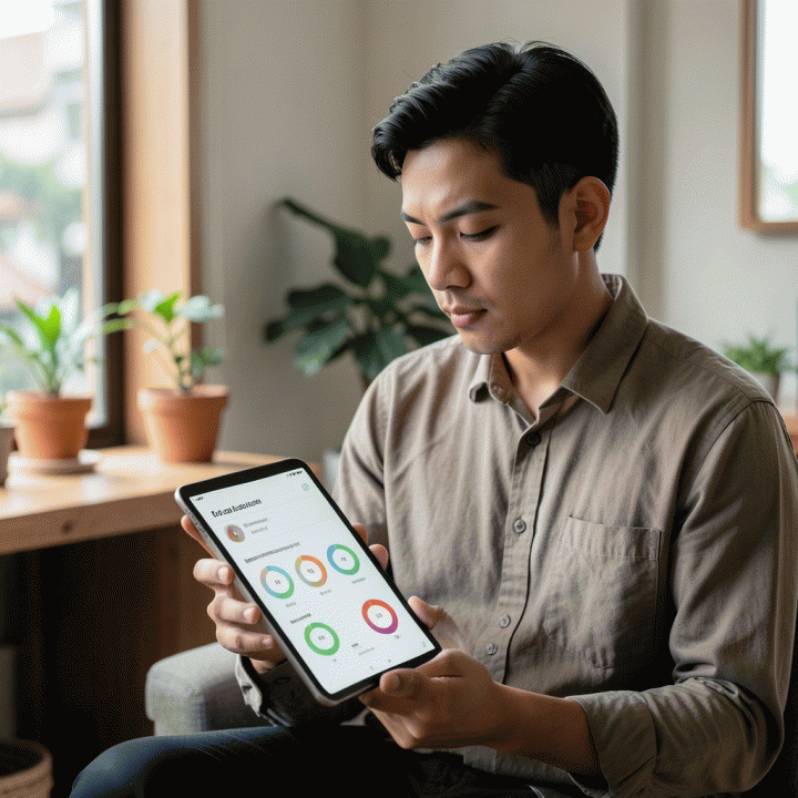 Seorang pria muda Muslim Indonesia yang fokus menggunakan tablet digital dengan antarmuka pelacak kebiasaan ibadah yang bersih dan abstrak di latar belakang rumah modern yang tenang.