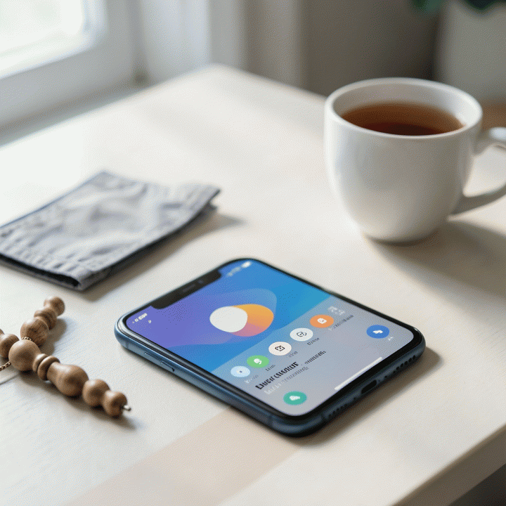 Tampilan dekat meja kerja yang minimalis dengan smartphone menampilkan antarmuka pelacak kebiasaan di samping perlengkapan ibadah, menunjukkan integrasi spiritual dalam rutinitas harian.