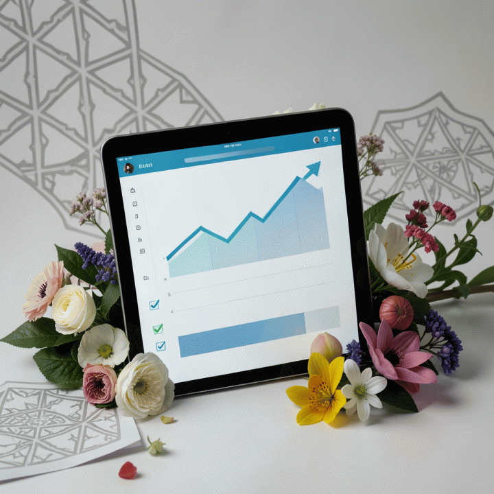 Ilustrasi konseptual yang menunjukkan progres spiritual dan produktivitas melalui perpaduan teknologi digital (dashboard abstrak) dengan elemen budaya Indonesia.