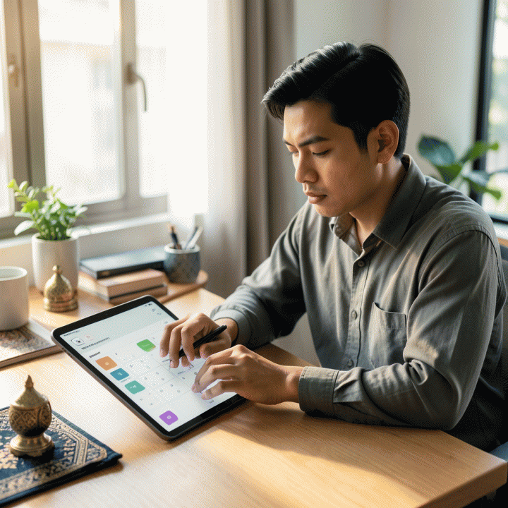 Seorang profesional muda Muslim yang terlihat tenang dan fokus menggunakan sistem pelacak kebiasaan digital di meja kerja modern, melambangkan integrasi ibadah rutin dalam kesibukan kerja.