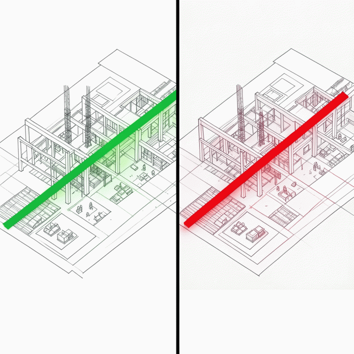 Split screen showing planned budget versus actual spent cost visualization with color coding for variance analysis.