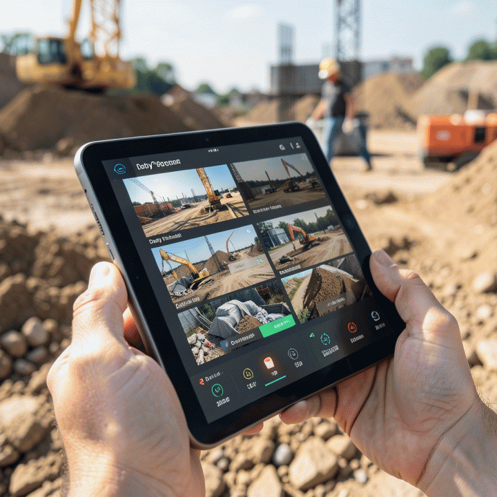 Hand monitoring construction progress and cost variance using a tablet dashboard on a construction site.