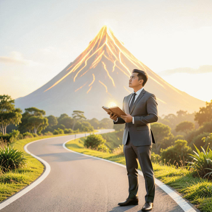 Ilustrasi sinematik seorang profesional muda Indonesia yang berdiri di kaki gunung menuju puncak kebebasan finansial, melambangkan mengatasi prokrastinasi keuangan.