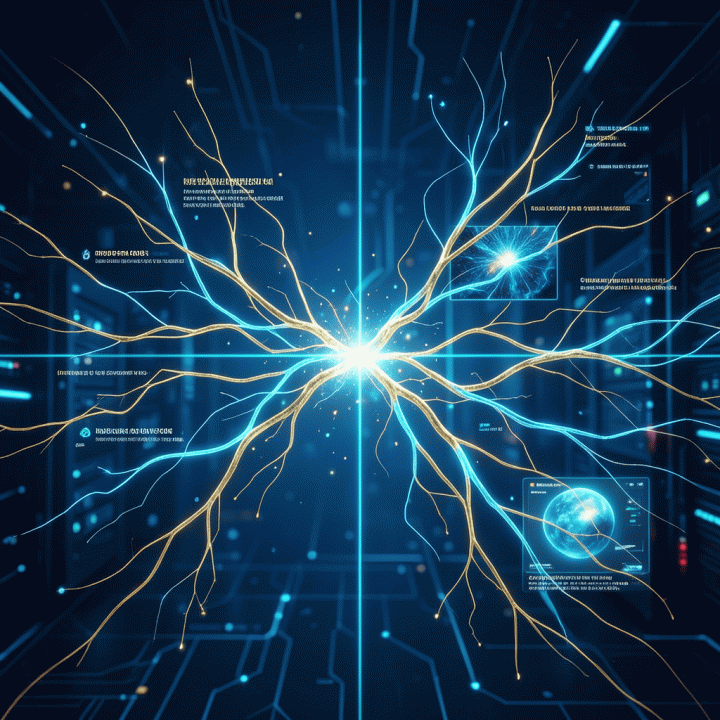 Visualisasi abstrak dan futuristik proses AI yang secara otomatis mengubah ide mentah menjadi desain thumbnail yang sempurna.