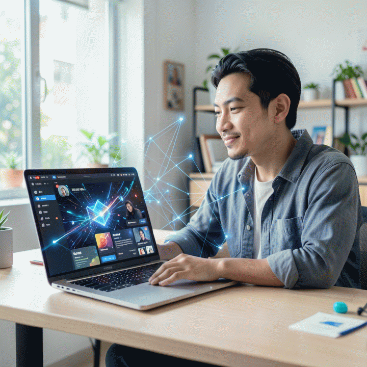 Seorang content creator profesional yang menggunakan laptop di meja kerja modern, menunjukkan antarmuka AI untuk membuat thumbnail YouTube yang sangat profesional dan berkualitas tinggi.