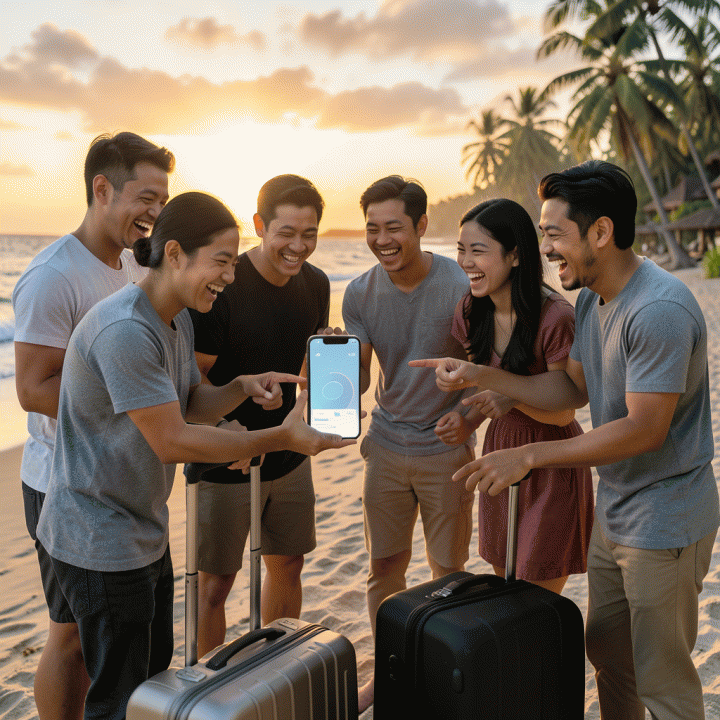 Kelompok teman Indonesia yang bahagia di pantai saat matahari terbenam, berinteraksi dengan smartphone yang menampilkan antarmuka manajemen anggaran perjalanan yang rapi dan mudah.