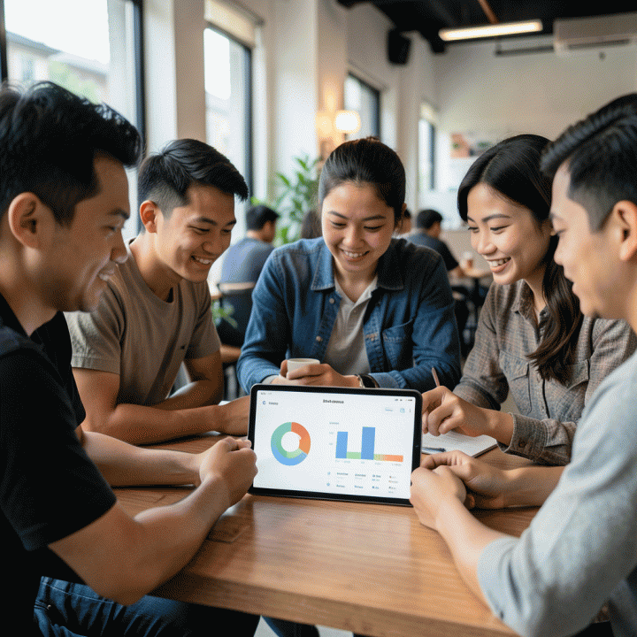 Teman-teman Indonesia yang sedang berdiskusi sambil melihat tablet yang menampilkan visualisasi pembagian anggaran perjalanan yang rapi.