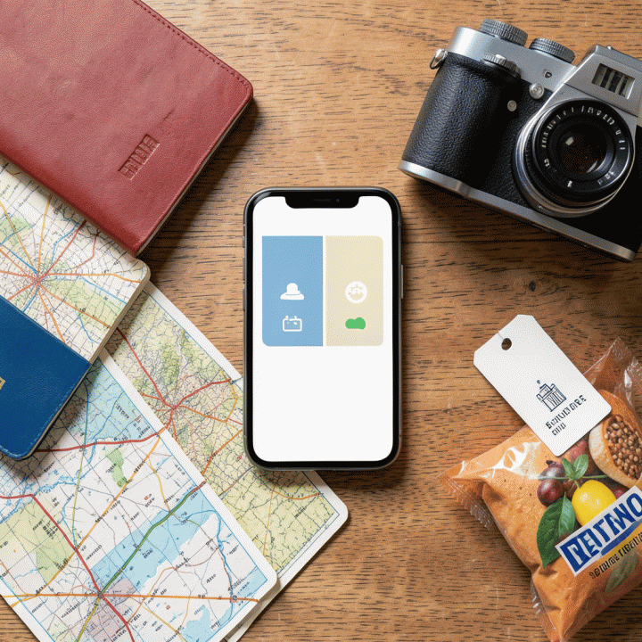 Flat lay berisi perlengkapan perjalanan dan smartphone yang menampilkan antarmuka aplikasi manajemen biaya liburan grup.