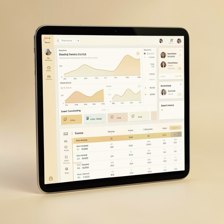 Dashboard perencanaan pernikahan digital yang terorganisir dengan grafik keuangan, daftar tamu, dan linimasa acara.
