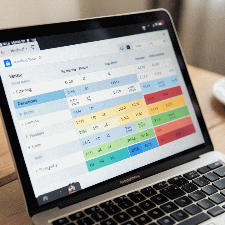 Tampilan layar laptop yang menunjukkan spreadsheet anggaran pernikahan yang terorganisir dengan pelacak RSVP tamu real-time.