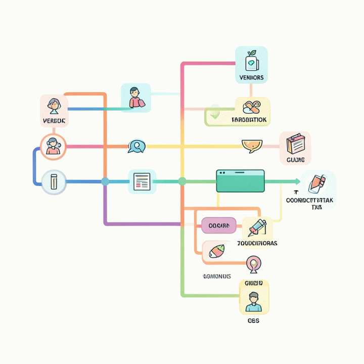 Visualisasi abstrak alur koordinasi timeline dan data tamu pernikahan yang terintegrasi secara mulus untuk mengurangi stres perencanaan.