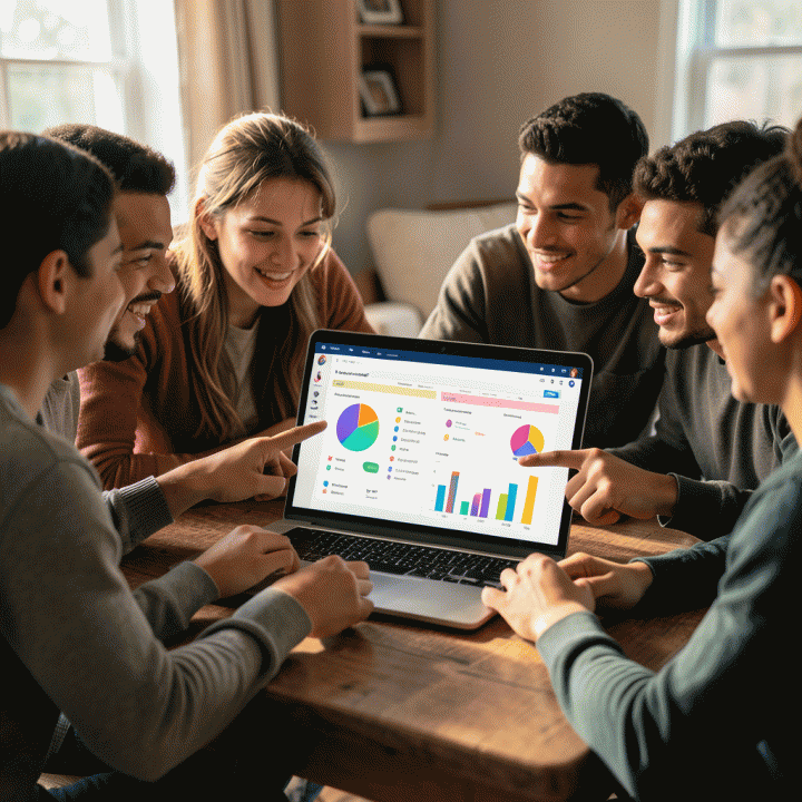 Sekelompok teman beragam sedang merencanakan anggaran perjalanan bersama dengan laptop yang menampilkan spreadsheet travel berwarna-warni.