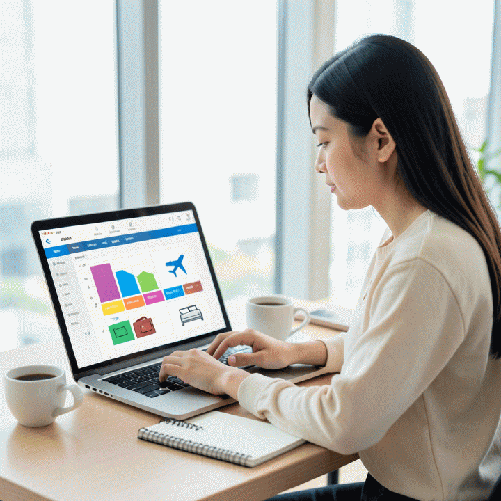 Seorang wanita sedang bekerja dengan spreadsheet perencana perjalanan di laptop, meja kerja modern dengan kopi.