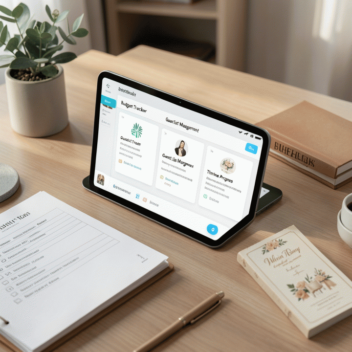 Dashboard digital yang terpusat di tablet, menampilkan pengelolaan anggaran, daftar tamu, dan timeline persiapan pernikahan yang terorganisir, menunjukkan perencanaan yang rapi dan minim stres.