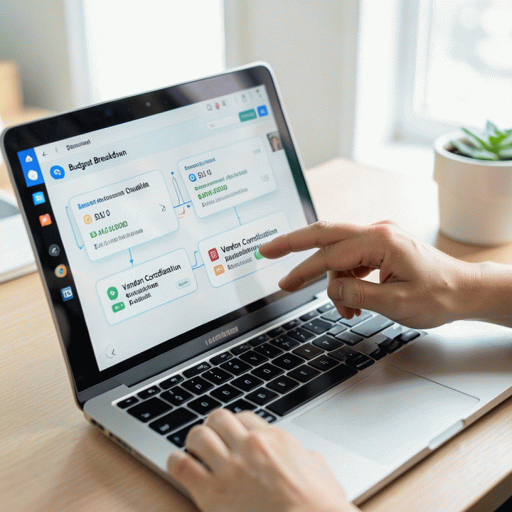 Penggunaan dashboard digital di laptop untuk melacak anggaran dan mengelola vendor pernikahan secara terperinci.