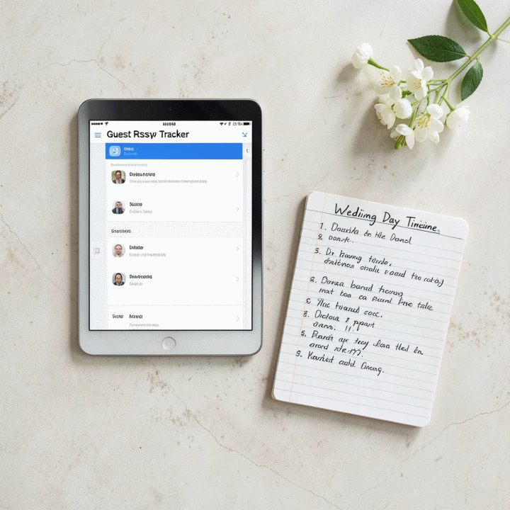 Tata letak (flat lay) yang menampilkan pelacakan tamu (RSVP), daftar checklist, dan alat bantu perencanaan yang terorganisir, menunjukkan kemudahan mengontrol data tamu.