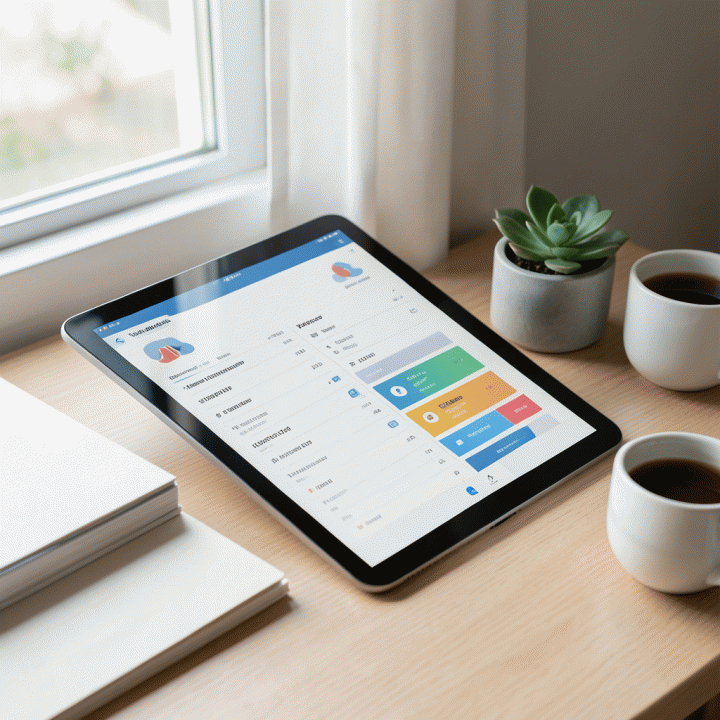 Meja kerja perencanaan pernikahan yang rapi dan modern, menampilkan tablet digital dengan antarmuka pelacakan data tamu dan anggaran yang terorganisir, menunjukkan suasana tenang dan terencana.