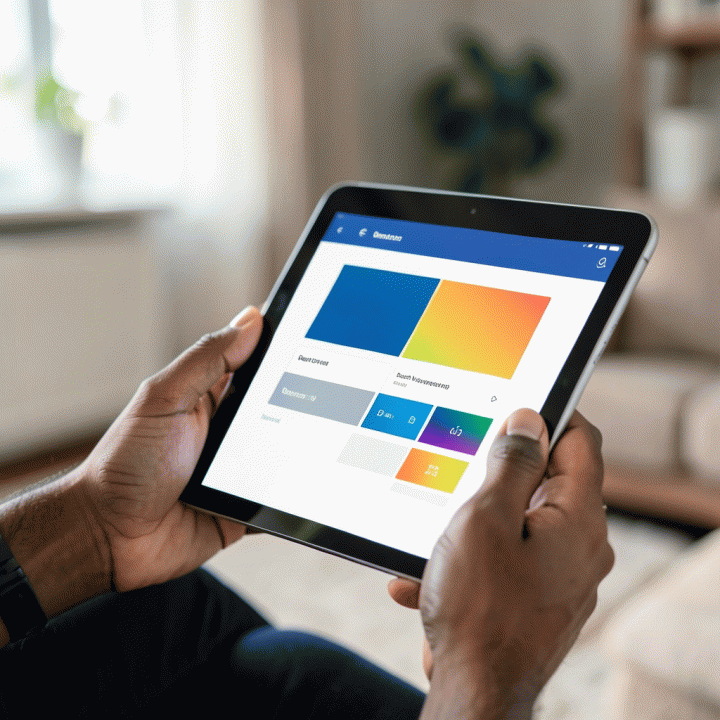 Tangan sedang menggunakan tablet digital untuk mengelola data tamu dan RSVP dengan mudah, menunjukkan kemudahan dan kerapian.