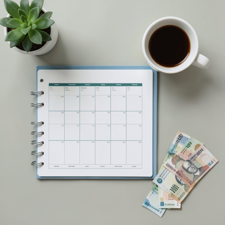 Tampilan datar (flat lay) yang rapi dari perlengkapan perencanaan keuangan, termasuk buku anggaran, uang tunai, dan secangkir kopi, melambangkan pengelolaan dana yang terstruktur.
