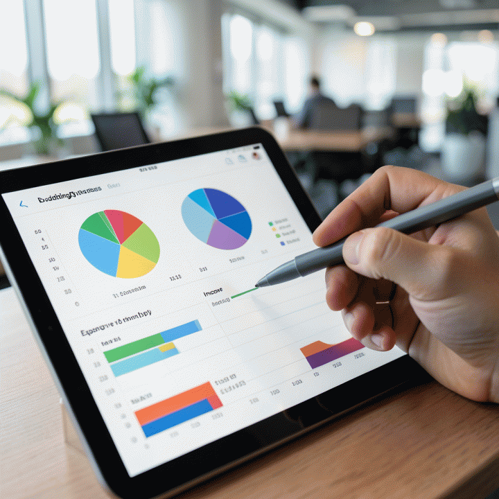 Visualisasi abstrak antarmuka aplikasi perencanaan keuangan di tablet, menunjukkan grafik alokasi dana yang terstruktur dan mudah dipantau.