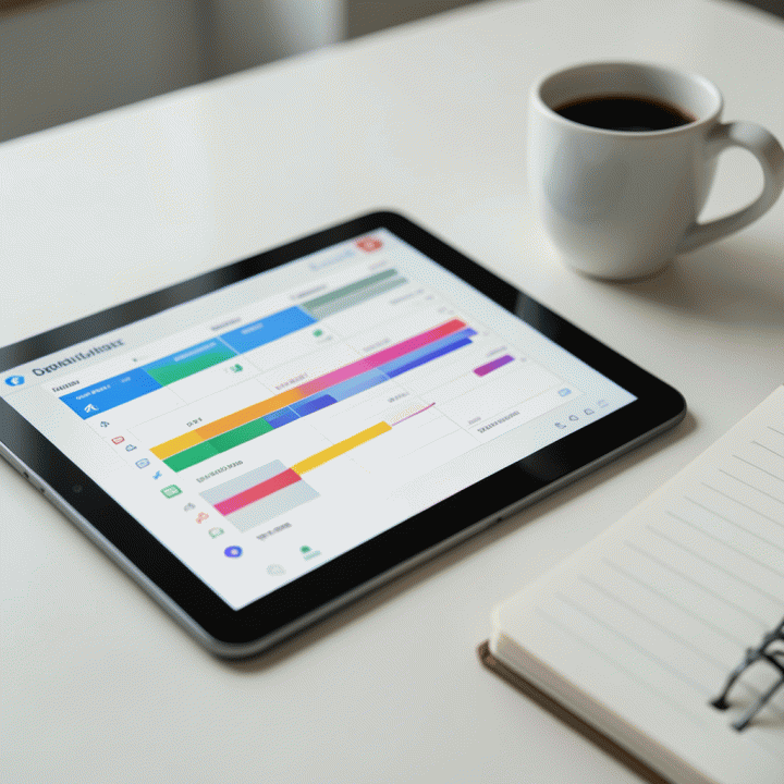 Tampilan tablet yang menampilkan dashboard perencanaan digital yang terstruktur, menunjukkan kemajuan dan pembagian tugas yang rapi.