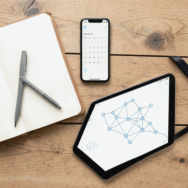 Komposisi alat produktivitas di atas meja kayu, termasuk buku catatan, pena, dan tablet yang menunjukkan diagram alur kerja yang terstruktur.