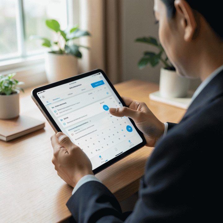 Seseorang sedang menggunakan tablet untuk memasukkan dan melacak rencana harian dalam aplikasi perencanaan yang intuitif, melambangkan manajemen waktu yang efektif.