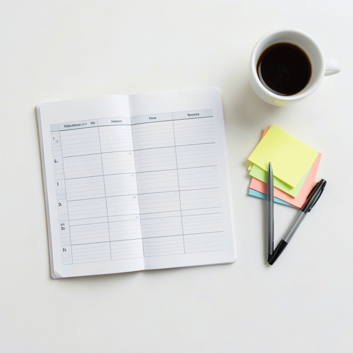 Tampilan datar (flat lay) dari alat-alat perencanaan fisik seperti planner, sticky notes, dan pena yang tersusun rapi, mewakili organisasi dan perencanaan jadwal.