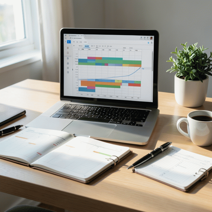 Pengaturan meja kerja minimalis dan terorganisir yang menunjukkan perencanaan hidup dan proyek yang terstruktur menggunakan spreadsheet digital dan planner fisik.