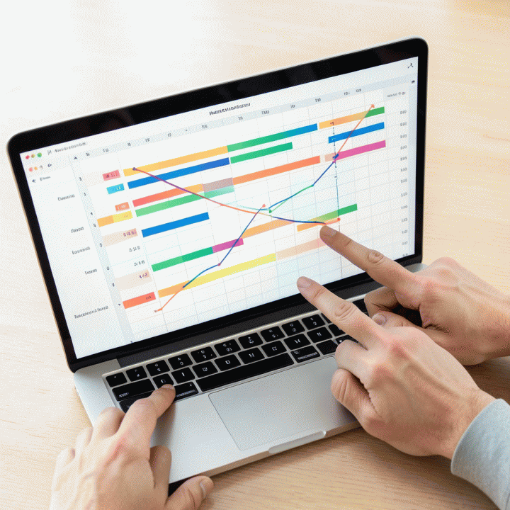 Tangan yang sedang mengelola dan menyesuaikan proyek di antarmuka spreadsheet digital yang terstruktur, menunjukkan manajemen proyek yang detail.