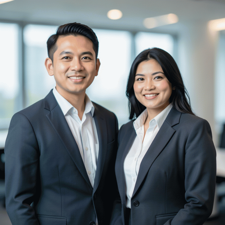 Foto potret sinematik profesional dari pria dan wanita Indonesia yang terlihat percaya diri dengan pakaian bisnis di latar belakang kantor modern yang lembut.