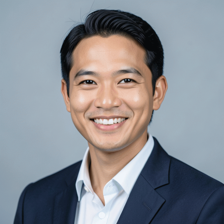 Foto close-up profesional untuk profil LinkedIn dengan latar belakang warna solid yang netral.