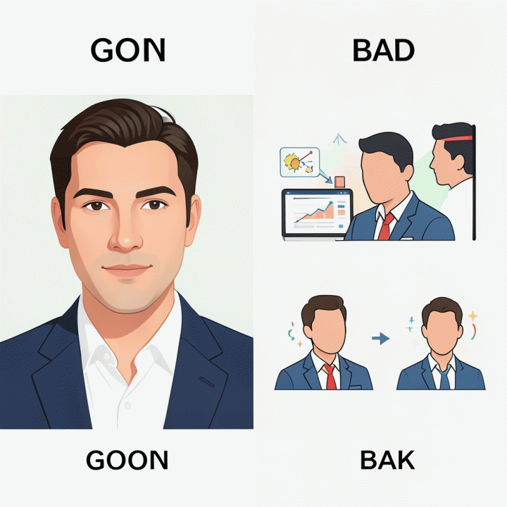 Diagram visual yang membandingkan foto profil profesional yang baik versus yang buruk.