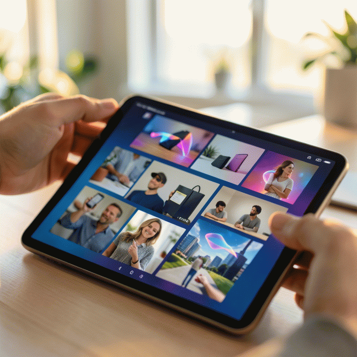 Tangan yang berinteraksi dengan tablet yang menampilkan variasi iklan produk yang dihasilkan secara otomatis oleh AI.