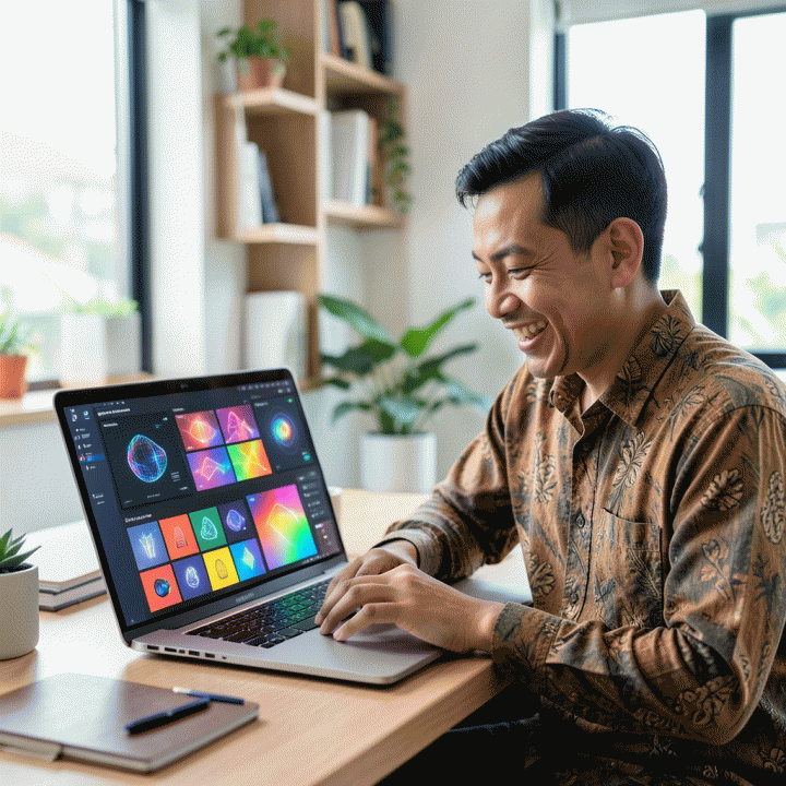 Seorang pemilik UMKM Indonesia yang tersenyum menggunakan laptop, melambangkan otomatisasi pembuatan variasi iklan digital massal menggunakan AI.