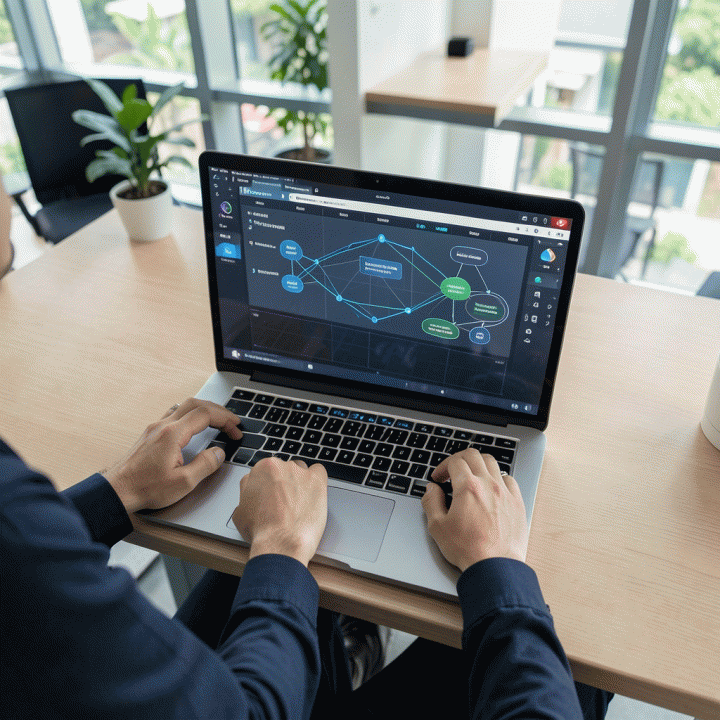 Pandangan atas meja kerja modern yang menampilkan seseorang menggunakan laptop yang terhubung ke dasbor AI yang menyajikan matriks ide konten dan kalender strategis.
