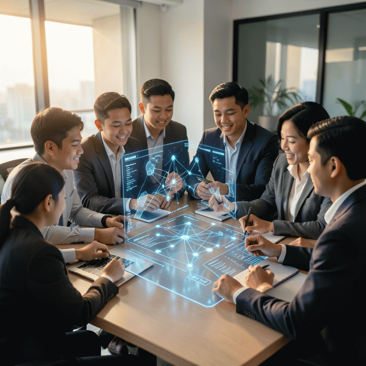 Kelompok profesional muda Indonesia berkolaborasi di sekitar antarmuka holografik yang menampilkan analisis data dan jaringan koneksi, melambangkan penggunaan AI dalam strategi bisnis modern tahun 2026.