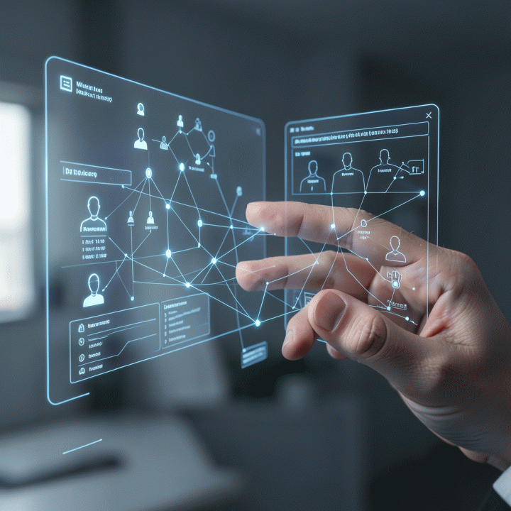 Tangan berinteraksi dengan proyeksi holografik yang menampilkan peta perjalanan pelanggan dan template persona terstruktur, menggambarkan analisis pasar menggunakan alat AI.