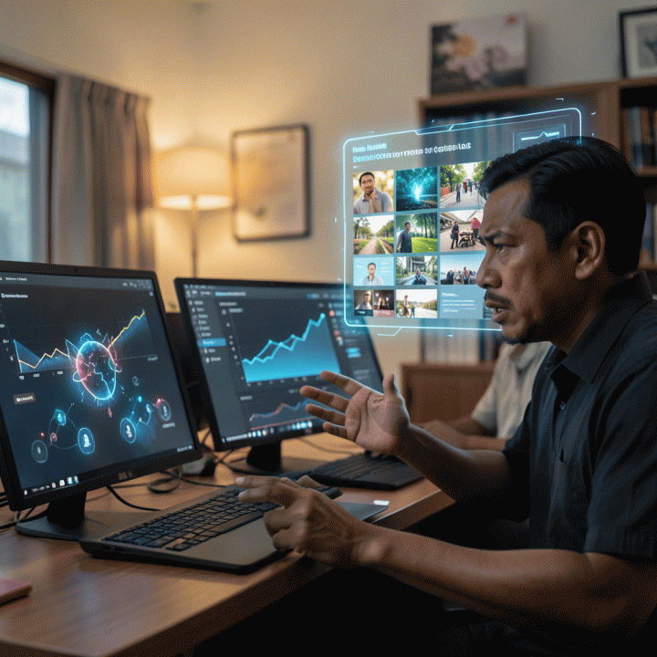 Ilustrasi sinematik seorang pemilik UMKM yang frustrasi karena iklan digital stagnan, dipertemukan dengan antarmuka hologram futuristik yang menunjukkan solusi visual konten iklan yang beragam dan berkualitas tinggi dari AdGen AI.