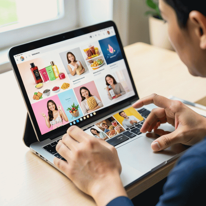 Tangan seorang penjual online sedang membuat dan meninjau berbagai variasi visual iklan produk UMKM di smartphone dan laptop, menunjukkan peningkatan kualitas konten yang signifikan.